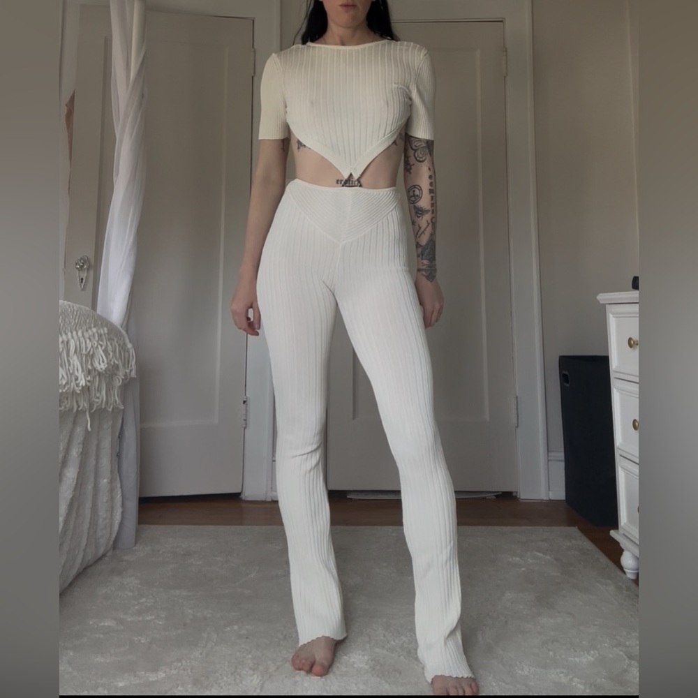 Maniere De Voir Ribbed Cream Cutout Jumpsuit